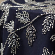 Navy Blue Pleated Abaya Set | Beaded Robe Abaya with Silver Embroidery (ABA168)